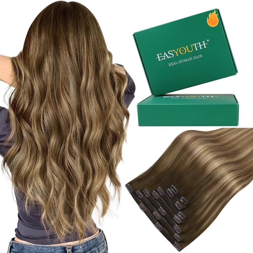 Clip In Extensions Human Hair Balayage 18 Inch 7pcs For Women Dark Brown
